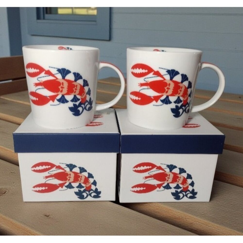 PPD Thomas Paul Porcelain Lobster Coffee Mugs Pair NEW Nautical Marine Patriotic